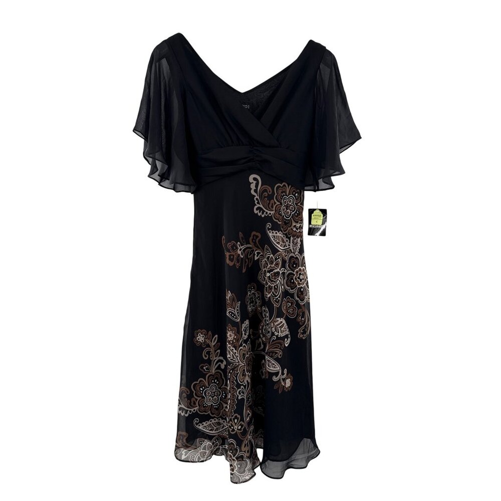 Studio I Black Chiffon Floral Pattern Dress With Flutter Sleeves beaded size 4